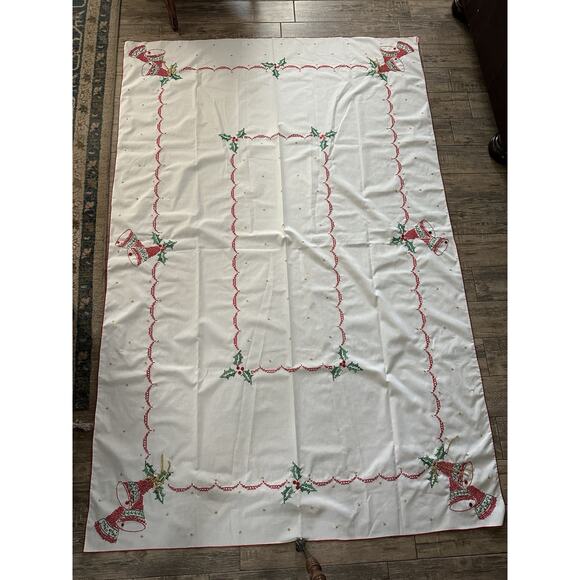 Vintage Cross Stitch Hand Embroidered Christmas Bells Tablecloth 84" x 57 - Picture 2 of 4